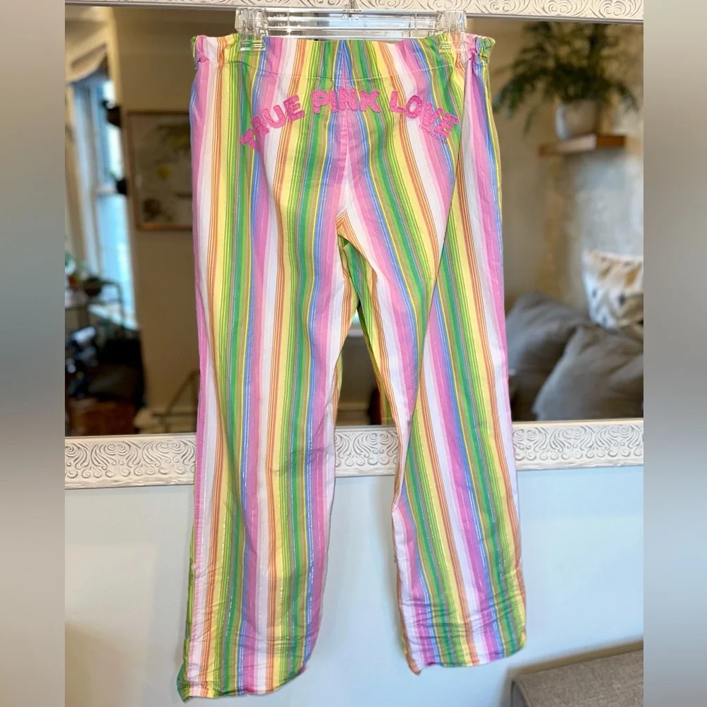 Victoria’s Secret Rainbow Striped Lounge / Pajama Pants, Satin Pink Drawstring S - Picture 3 of 8